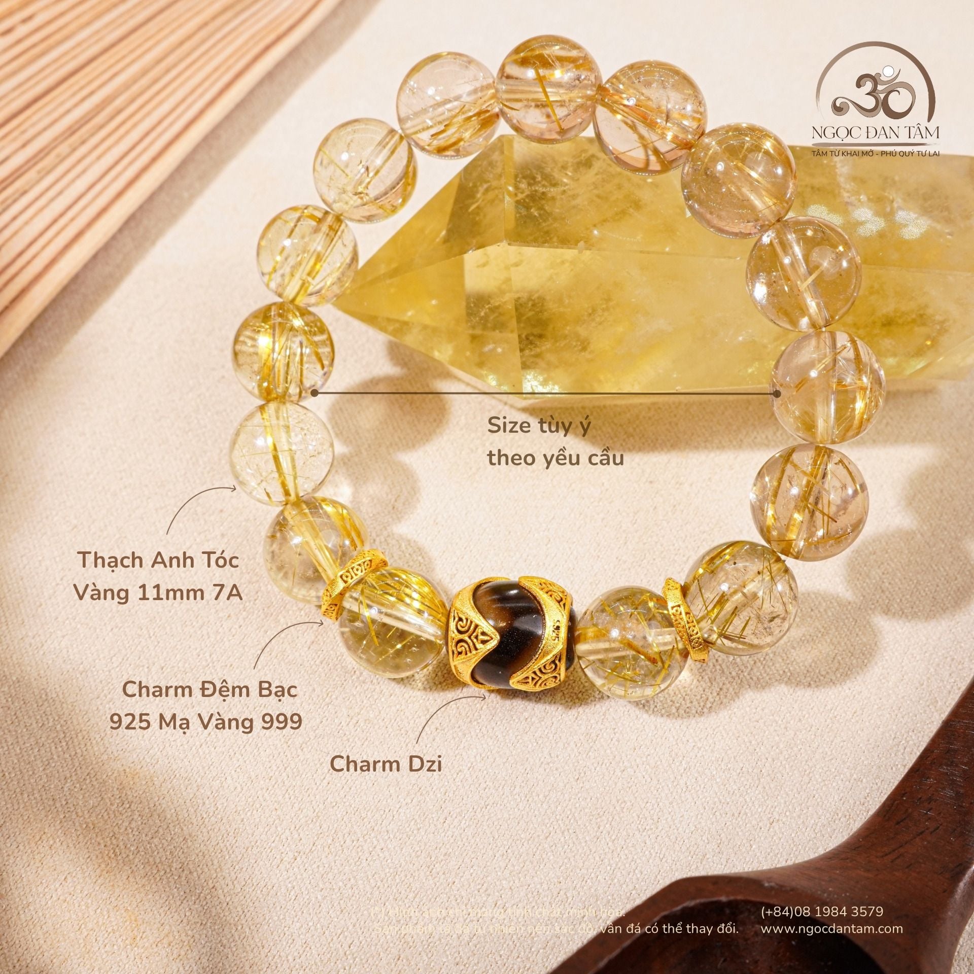  Vòng Tay Thạch Anh Tóc Vàng Phối Charm Dzi 11mm7A 