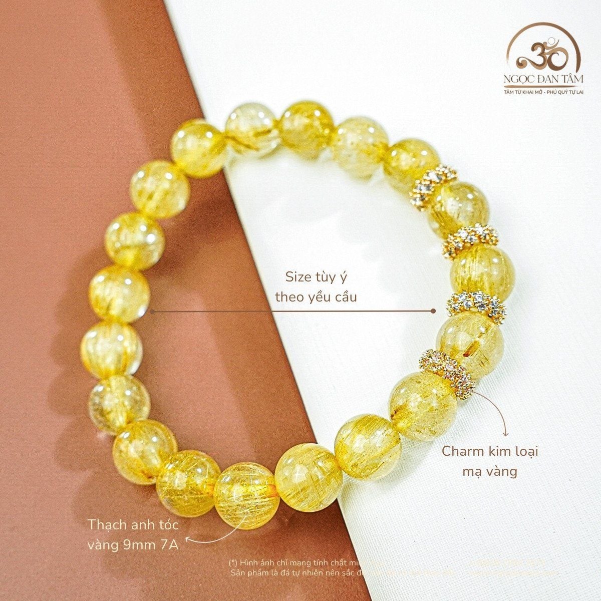  Vòng Tay Thạch Anh Tóc Vàng 9mm 7A Phối Charm Mạ Vàng 