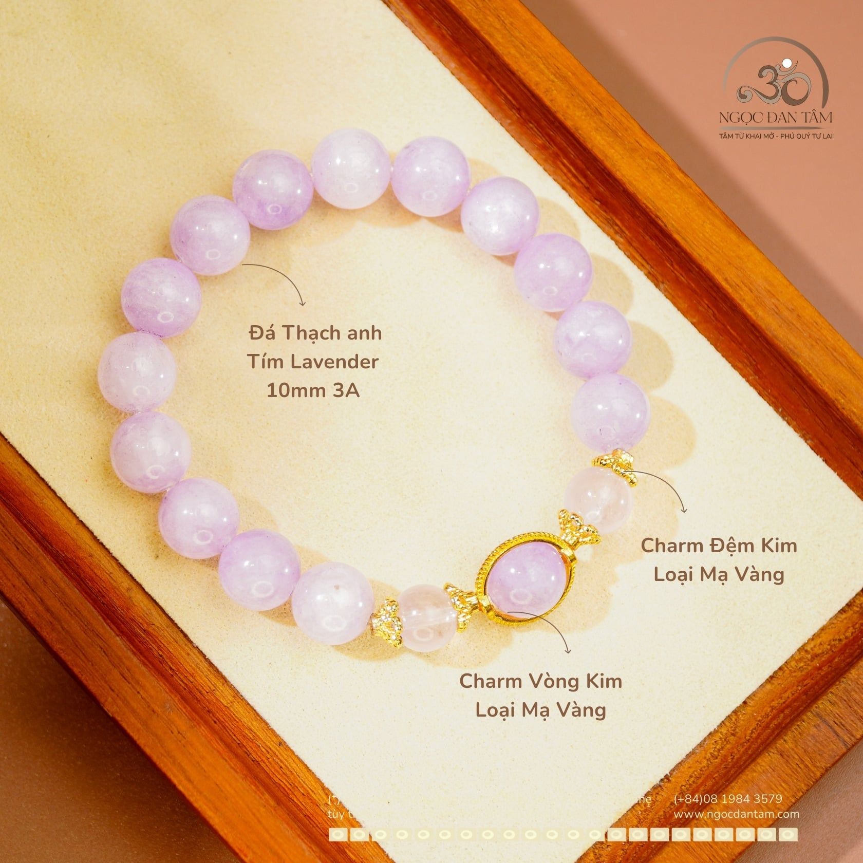  Vòng Tay Thạch anh Tím Lavender 10mm 3A Phối Charm Bọc Đá 