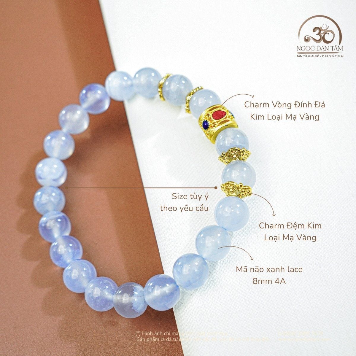  Vòng Tay Đá Mã Não Xanh Lace 8mm 4A Phối Charm Vòng Đính Đá 