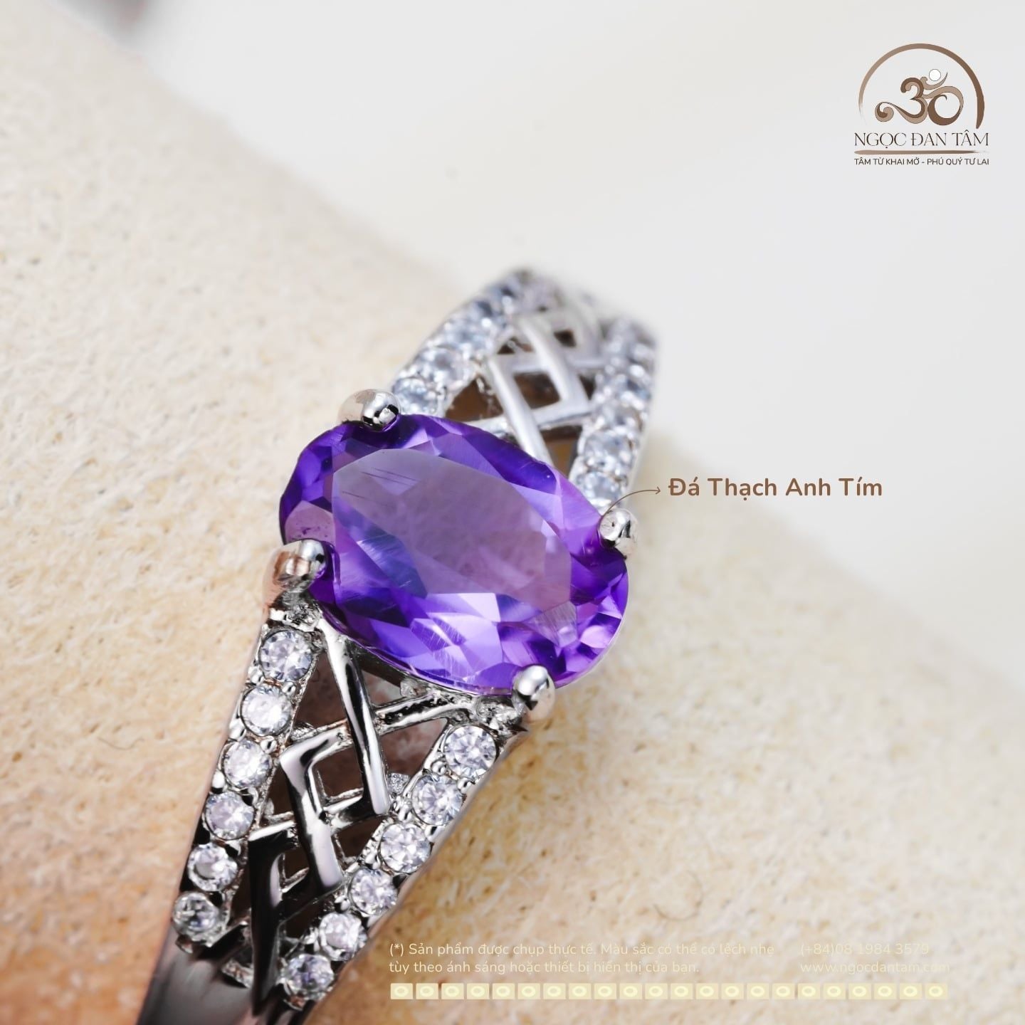  Nhẫn Bạc 925 Đính Đá Thạch Anh Tím 5x7mm 