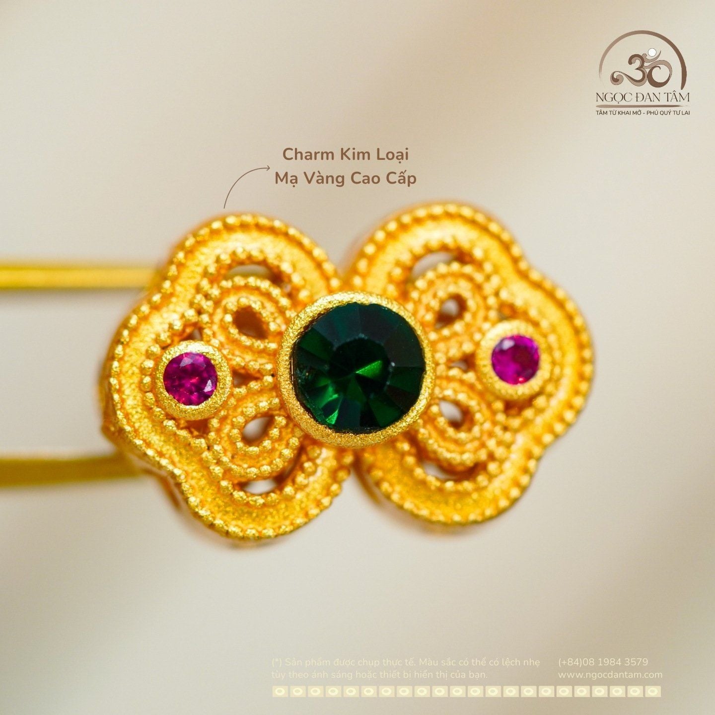 Charm Nơ Đính Ngọc Lục Bảo 17,5mm - Kim Loại Mạ Vàng Cao Cấp 