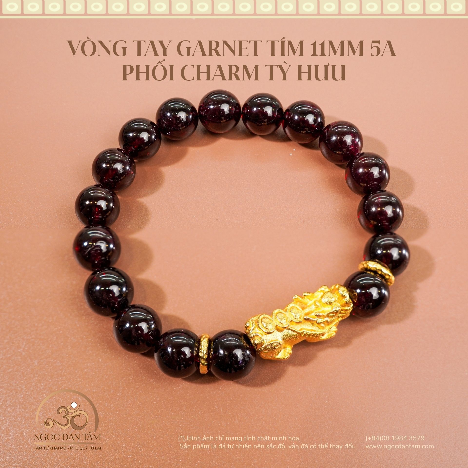  Vòng Tay Đá Garnet Tím 11mm 5A Phối Tỳ Hưu 