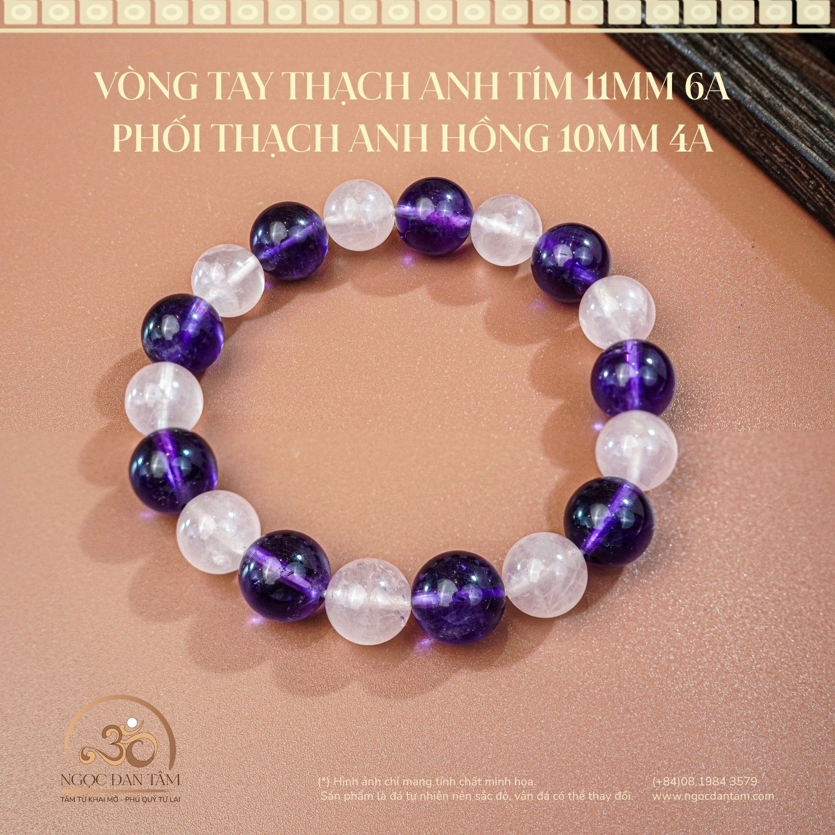  Vòng Tay Thạch Anh Tím 11mm 6A Phối Thạch Anh Hồng 10mm 4A 