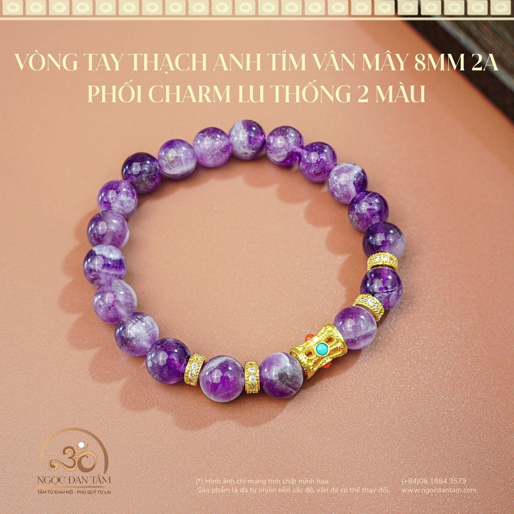  Vòng Tay Thạch Anh Tím Vân Mây 8mm 2A Phối Charm Lu Thống 2 màu 