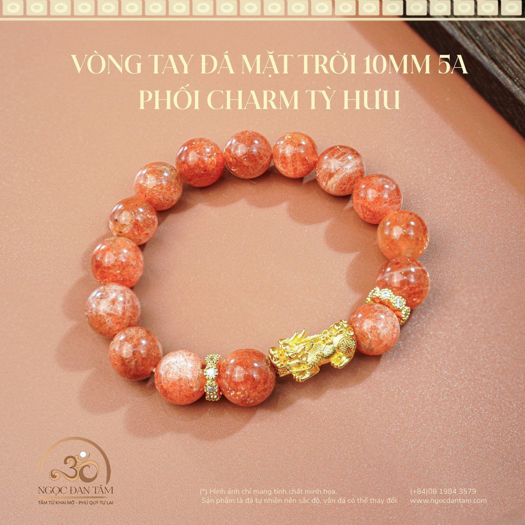  Vòng Tay Đá Mặt Trời 10mm 5A Phối Charm Tỳ Hưu 