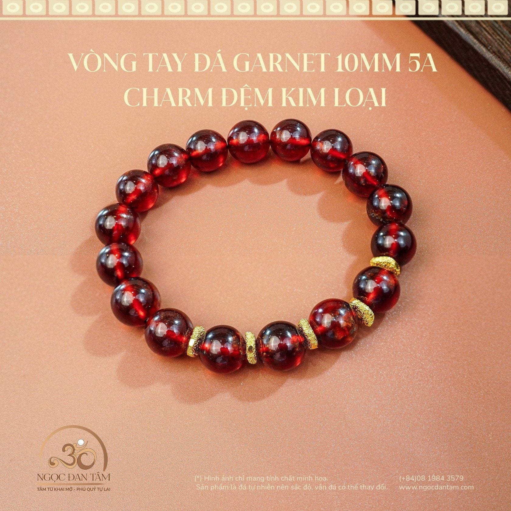  Vòng Tay Đá Garnet 10mm 5A Phối Charm 