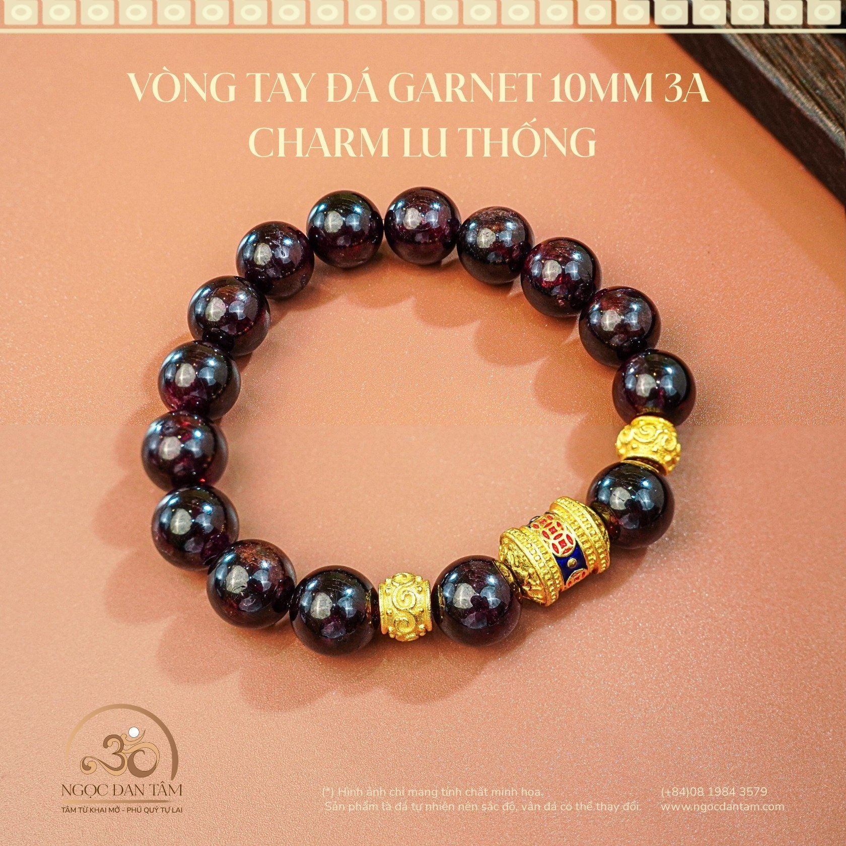  Vòng Tay Đá Garnet 10mm 3A Phối Charm Lu Thống 