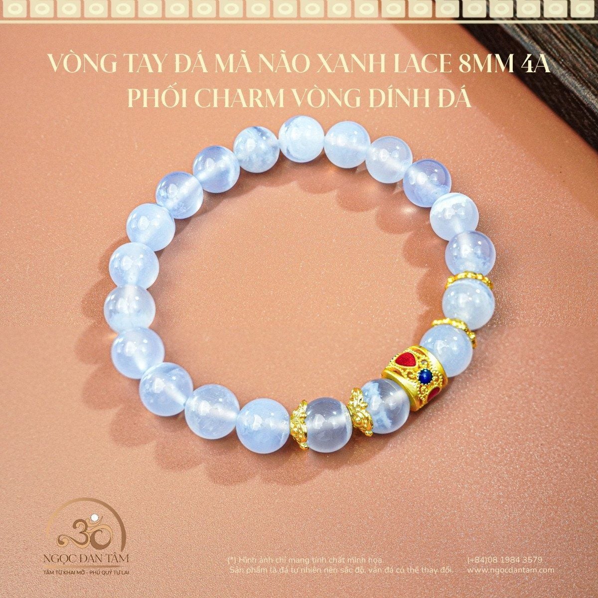  Vòng Tay Đá Mã Não Xanh Lace 8mm 4A Phối Charm Vòng Đính Đá 