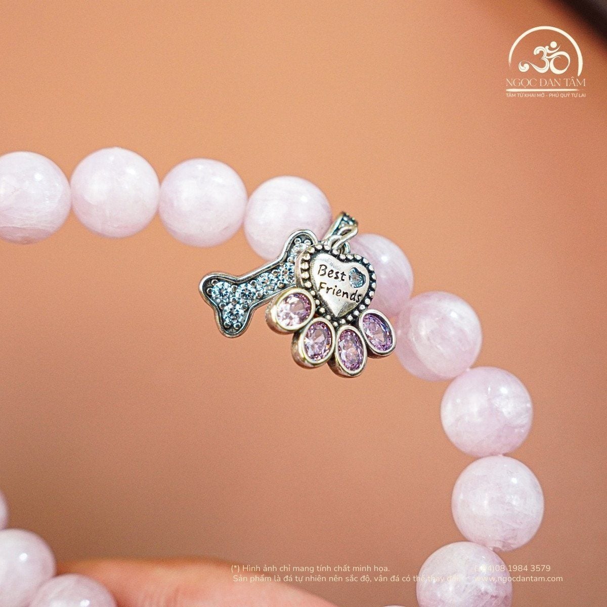  Vòng Tay Đá Kunzite 8mm 3A Phối Charm Pandora 