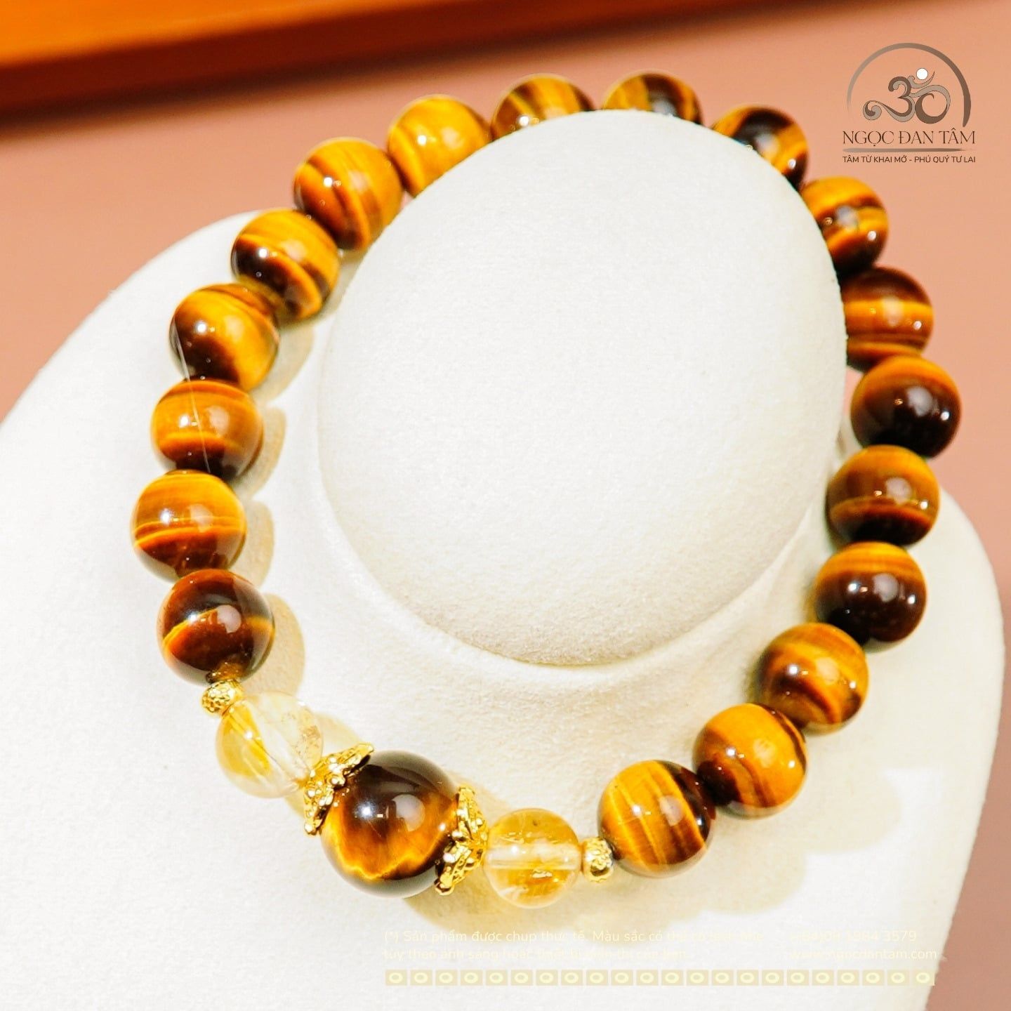  Vòng Tay Mắt Hổ Vàng Nâu 8mm 5A Phối Đá 