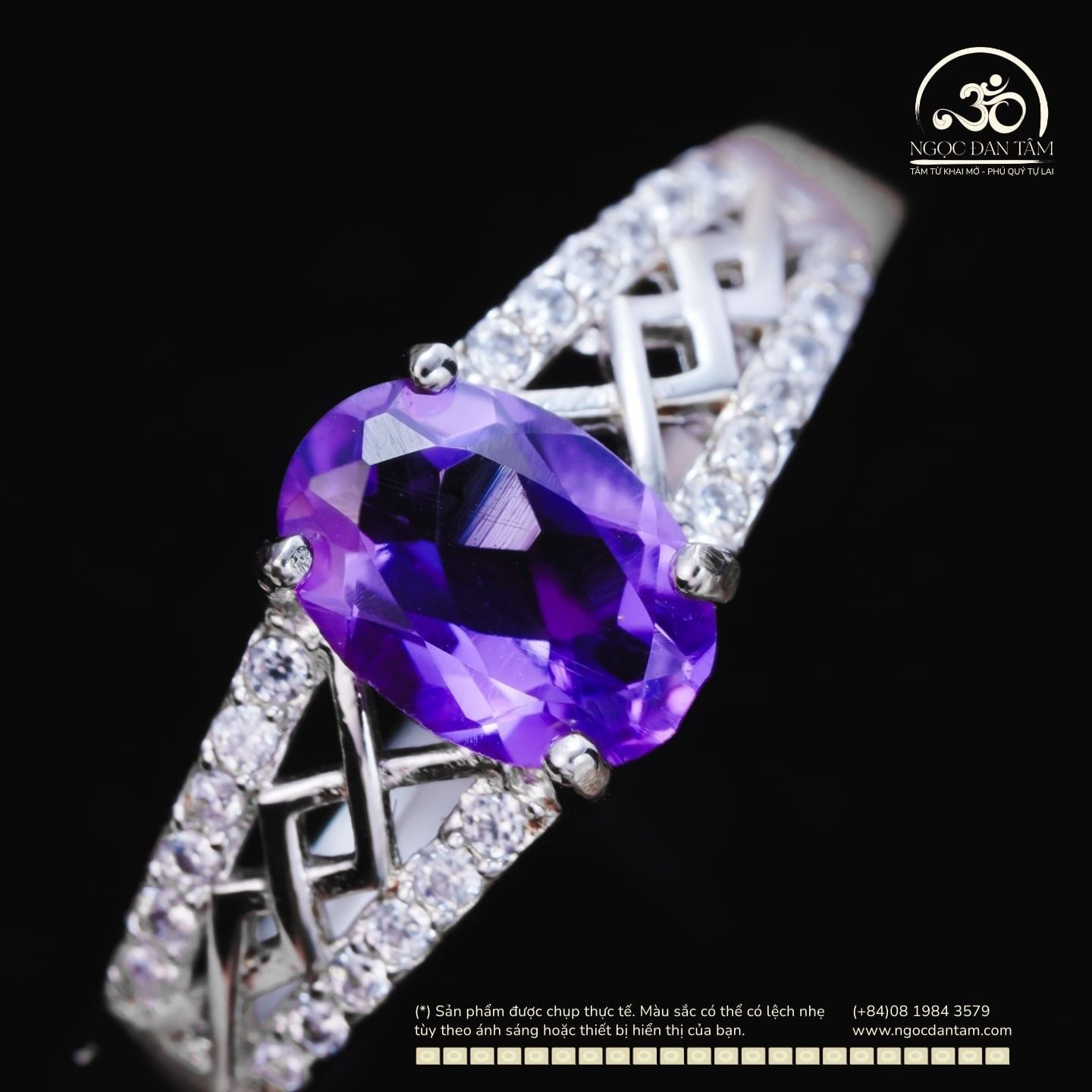  Nhẫn Bạc 925 Đính Đá Thạch Anh Tím 5x7mm 