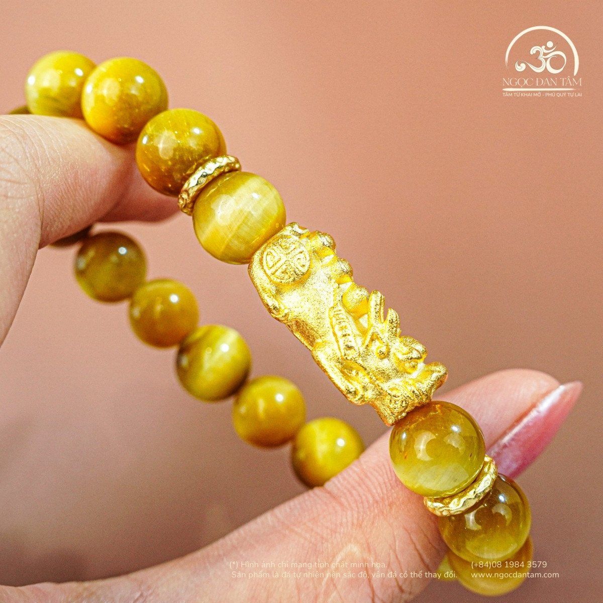  Vòng Tay Đá Mắt Hổ Vàng 10mm 6A Phối Charm Tỳ Hưu 