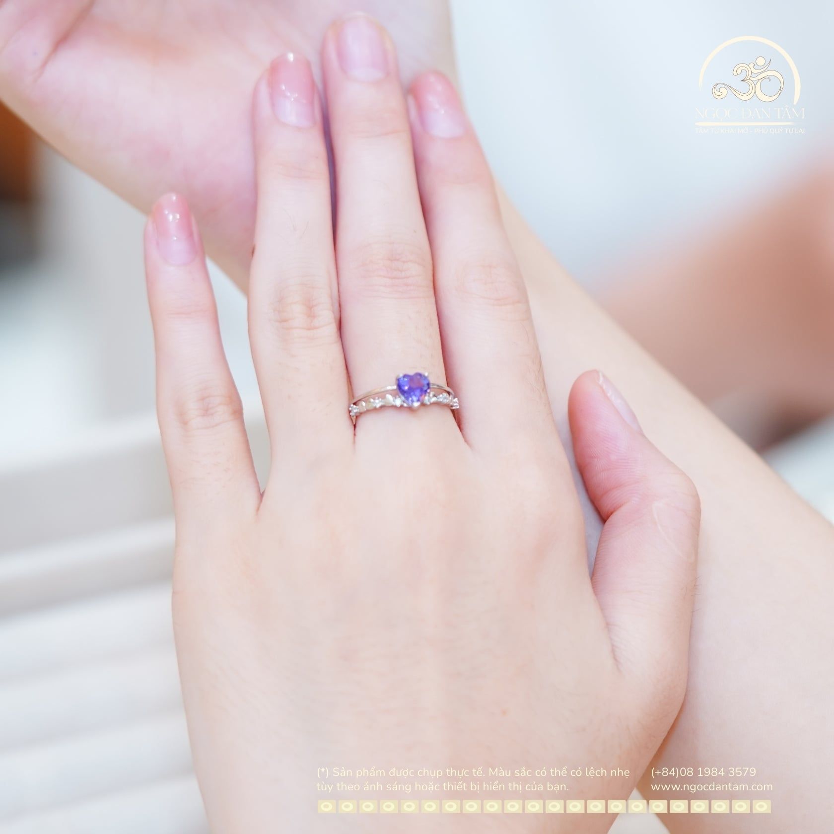  Nhẫn Bạc 925 Đính Đá Thạch Anh Tím Tim 6mm 