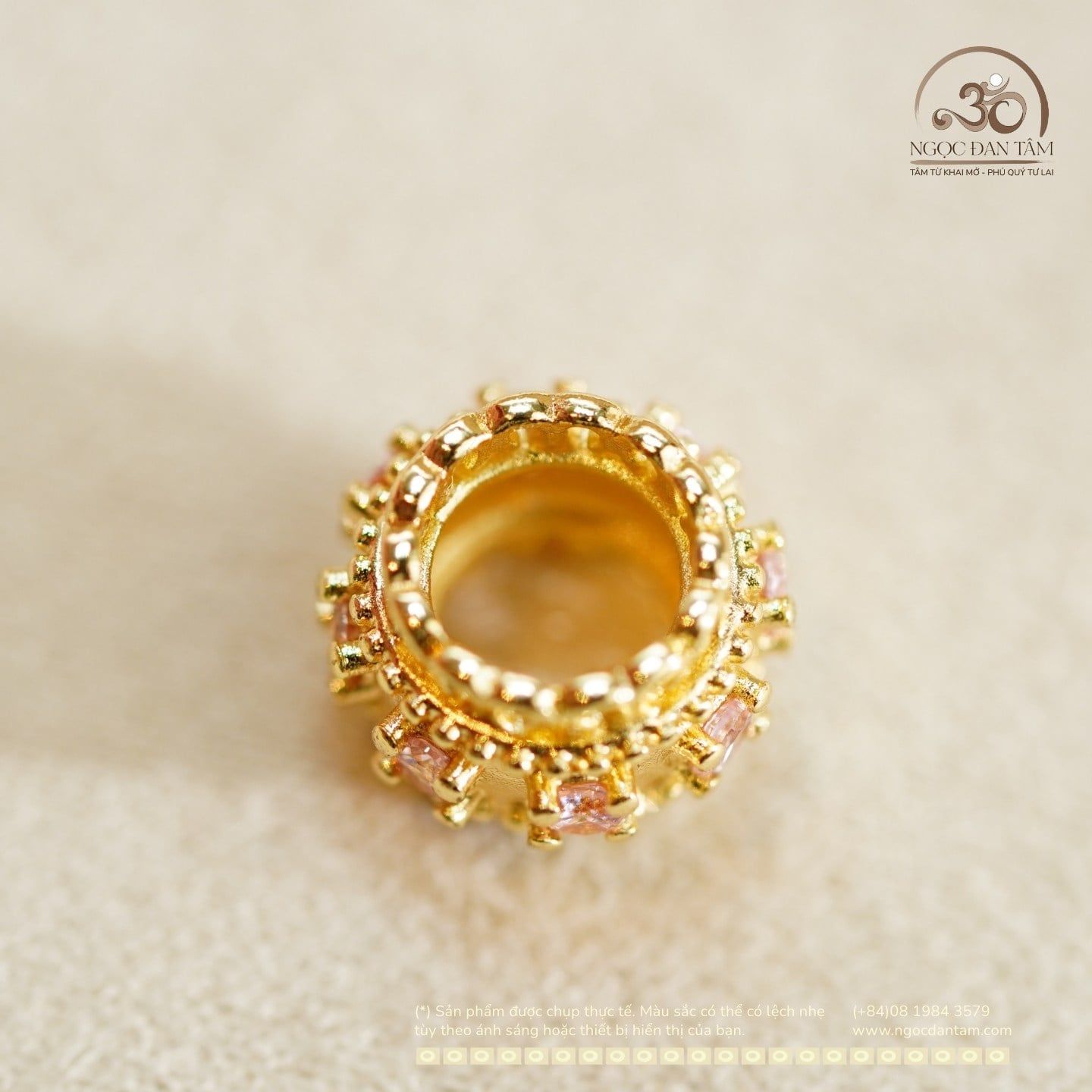  Charm Trụ Tròn Đính Hạt Hồng 9.21mm - Kim Loại Mạ Vàng Cao Cấp 