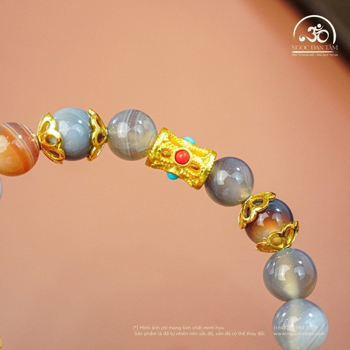  Vòng Tay Mã Não Botswana 2A - 8mm Phối Charm Lu Thống 