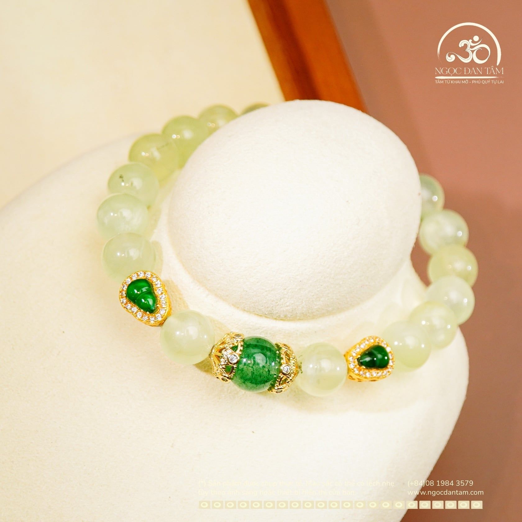  Vòng Tay Prehnite 8mm Phối Charm Hồ Lô 