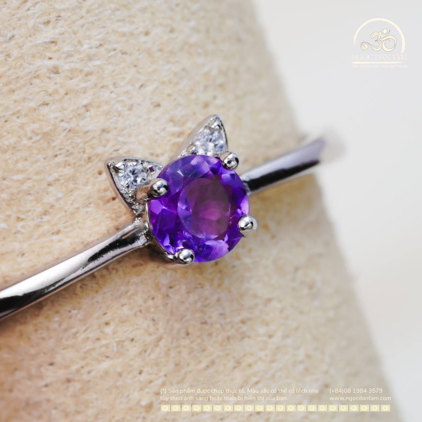  Nhẫn Bạc 925 Đính Đá Thạch Anh Tím 4mm 