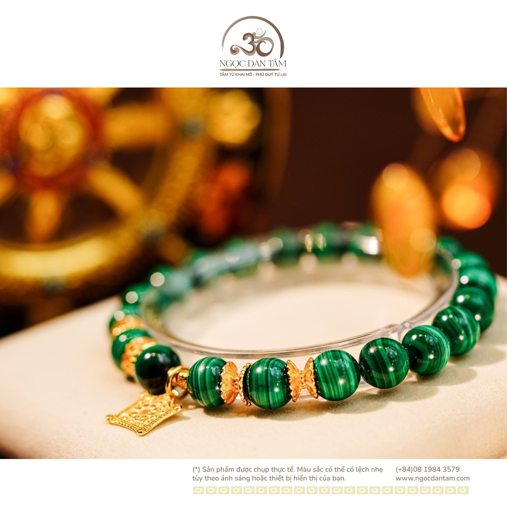  Vòng Tay Khổng Tước 8mm 3A Phối Charm Bánh Xe Pháp Luân 