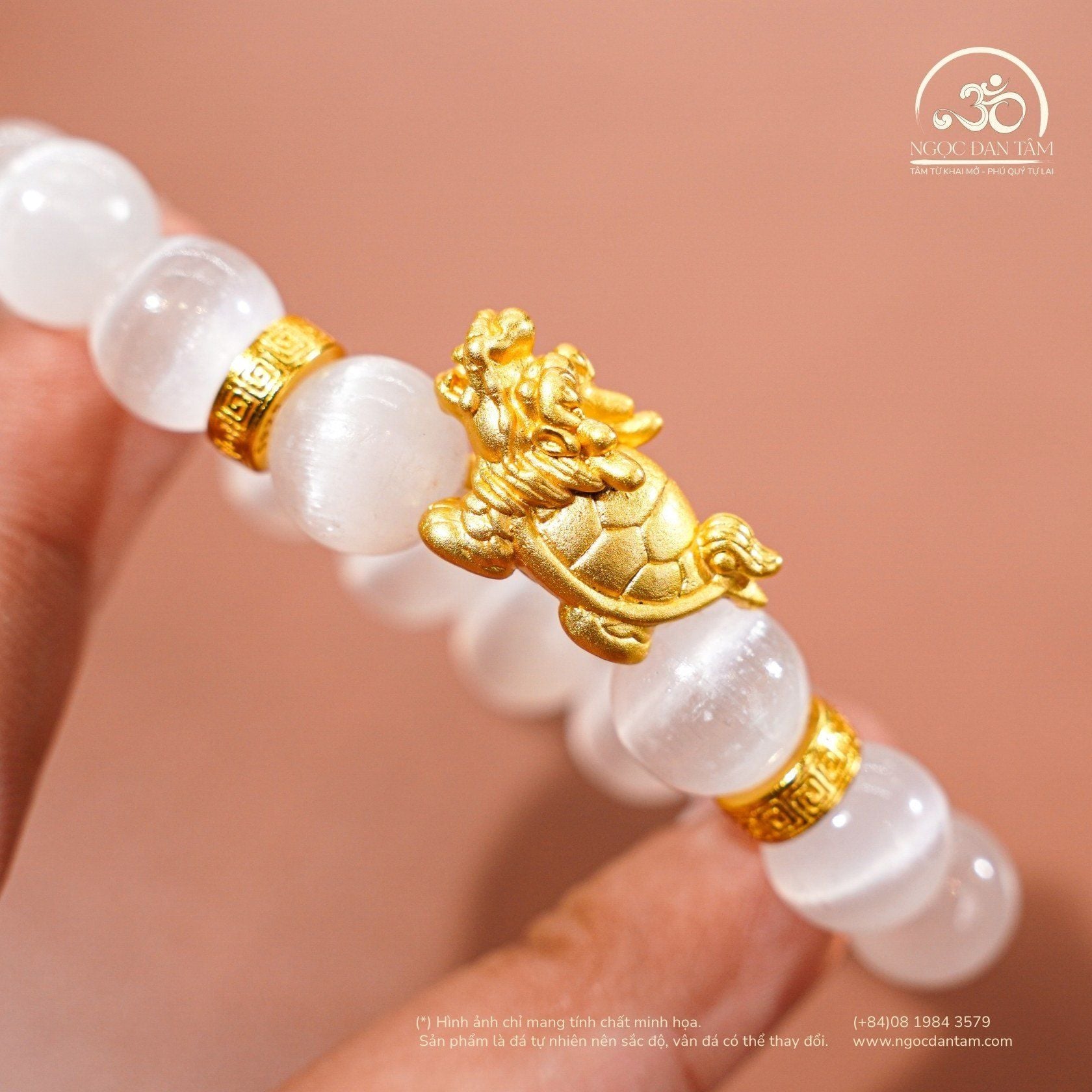  Vòng Tay Đá Selenite 3A - 10mm Phối Charm Long Quy 