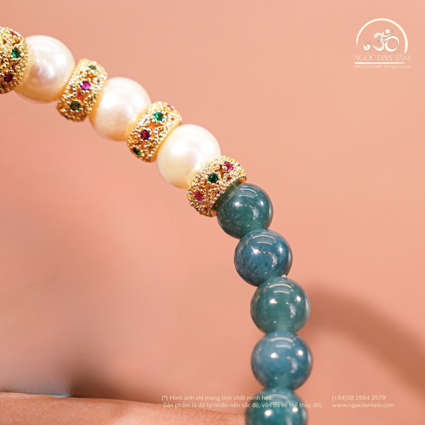  Vòng Tay Ngọc Hòa Điền Phối 7mm 2A Ngọc Trai Trắng 8mm 