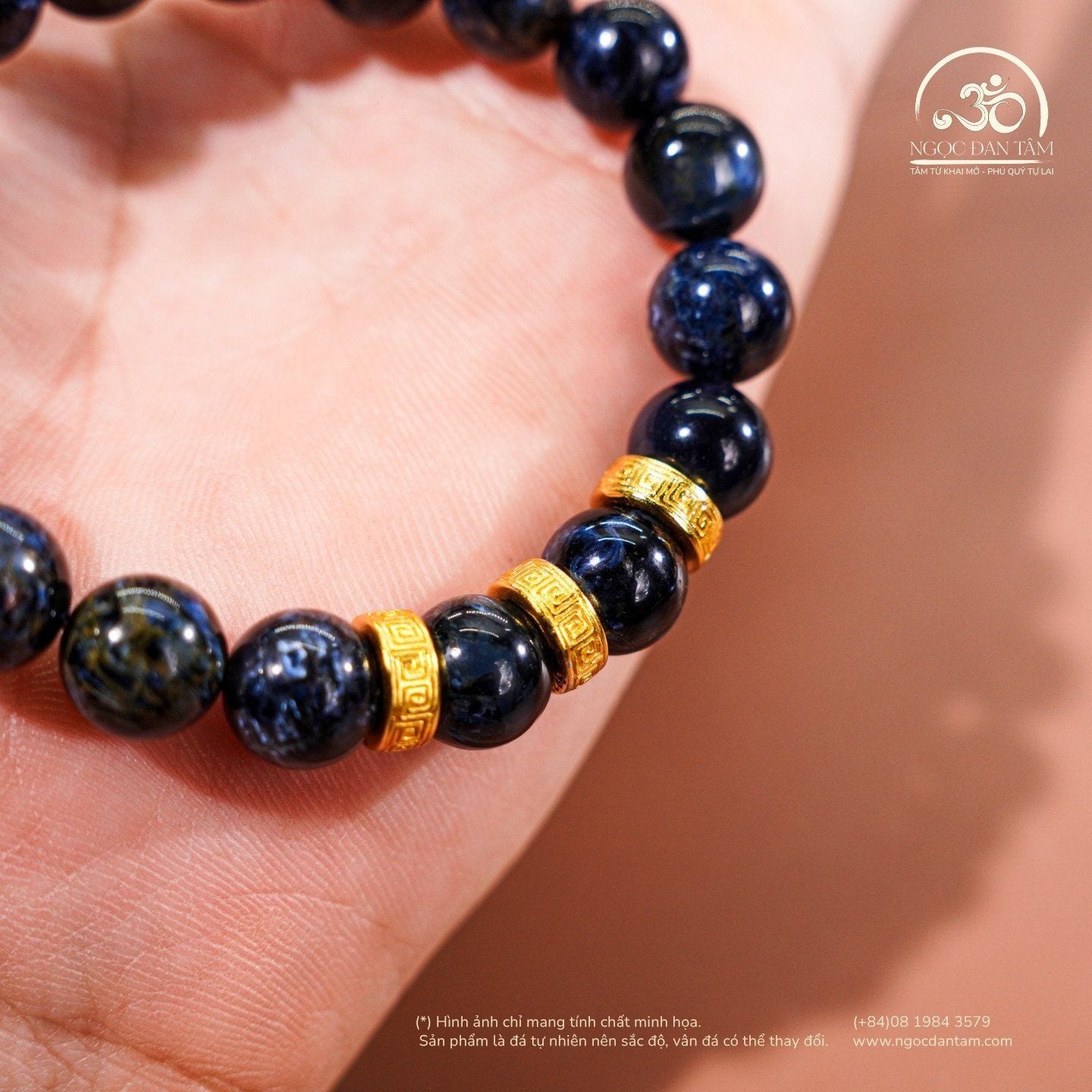  Vòng Tay Đá Giông Bão 9mm 5A Phối Charm Bạc Mạ Vàng 