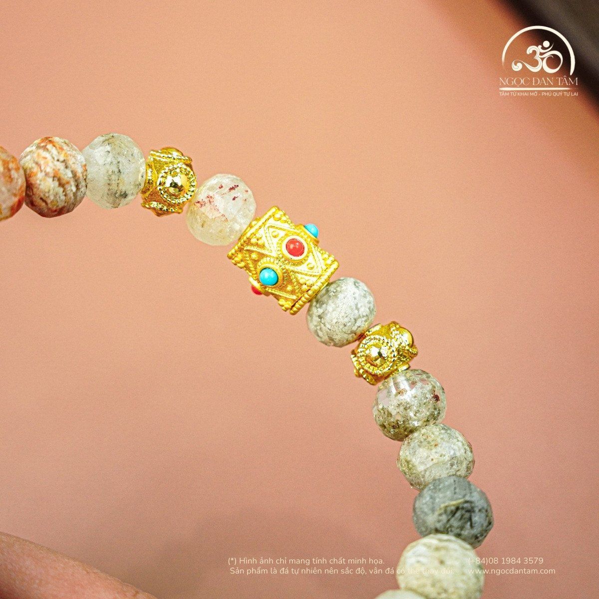  Thạch Anh Ưu Linh Thuôn Phối Charm Lục Giác 6x8mm 