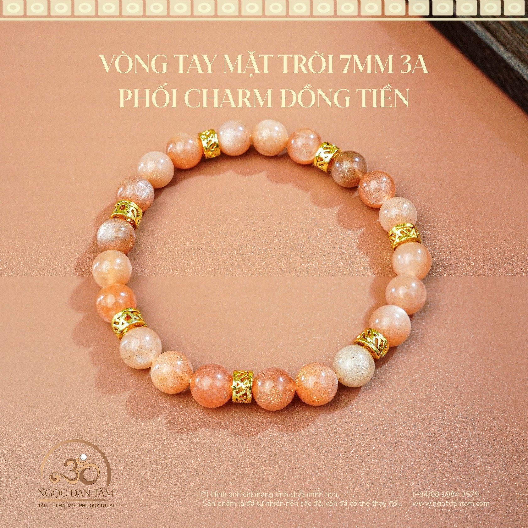  Vòng Tay Đá Mặt Trời 7mm 3A Phối Charm Đồng Tiền 