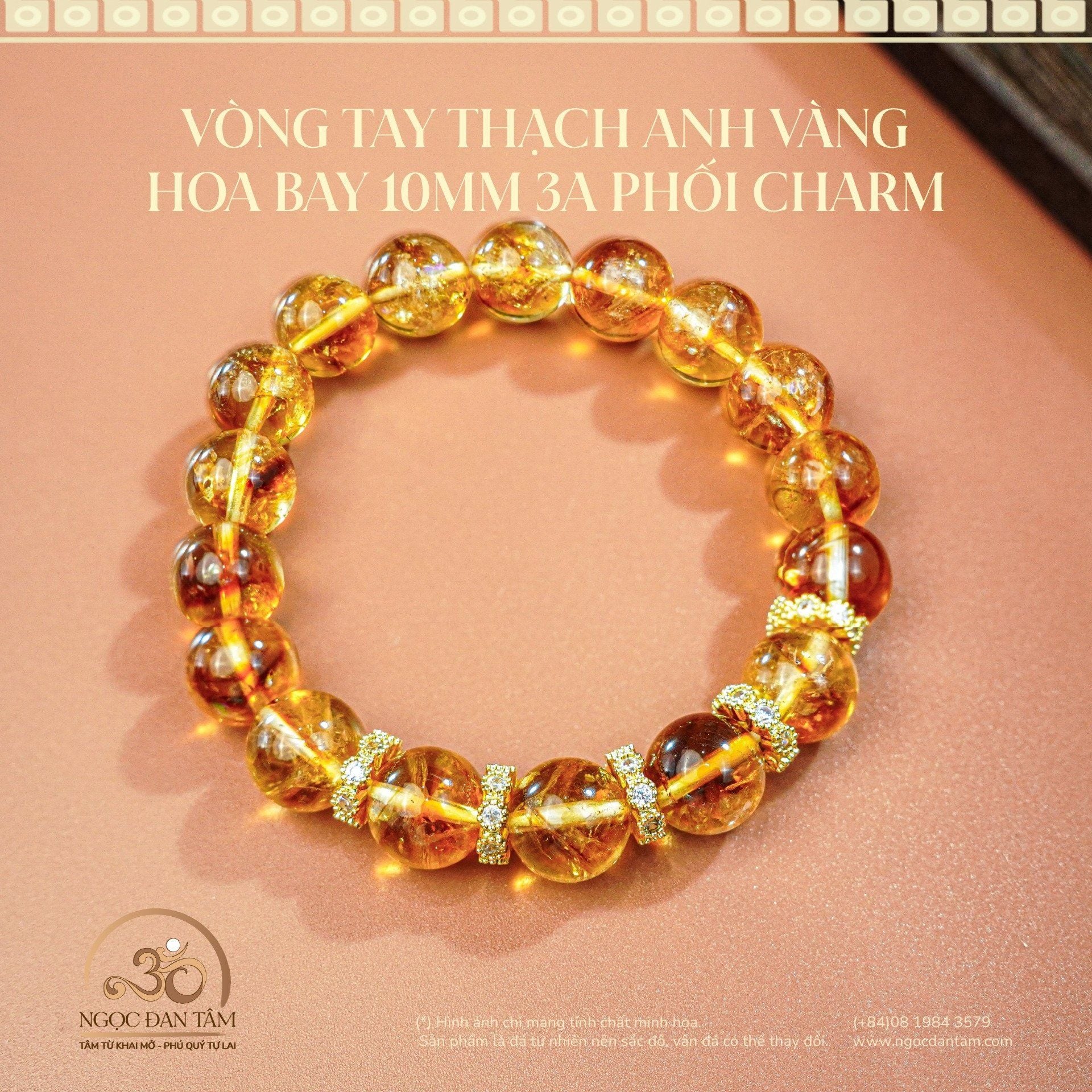  Vòng Tay Thạch Anh Vàng Hoa Bay 10mm 3A Phối Charm 