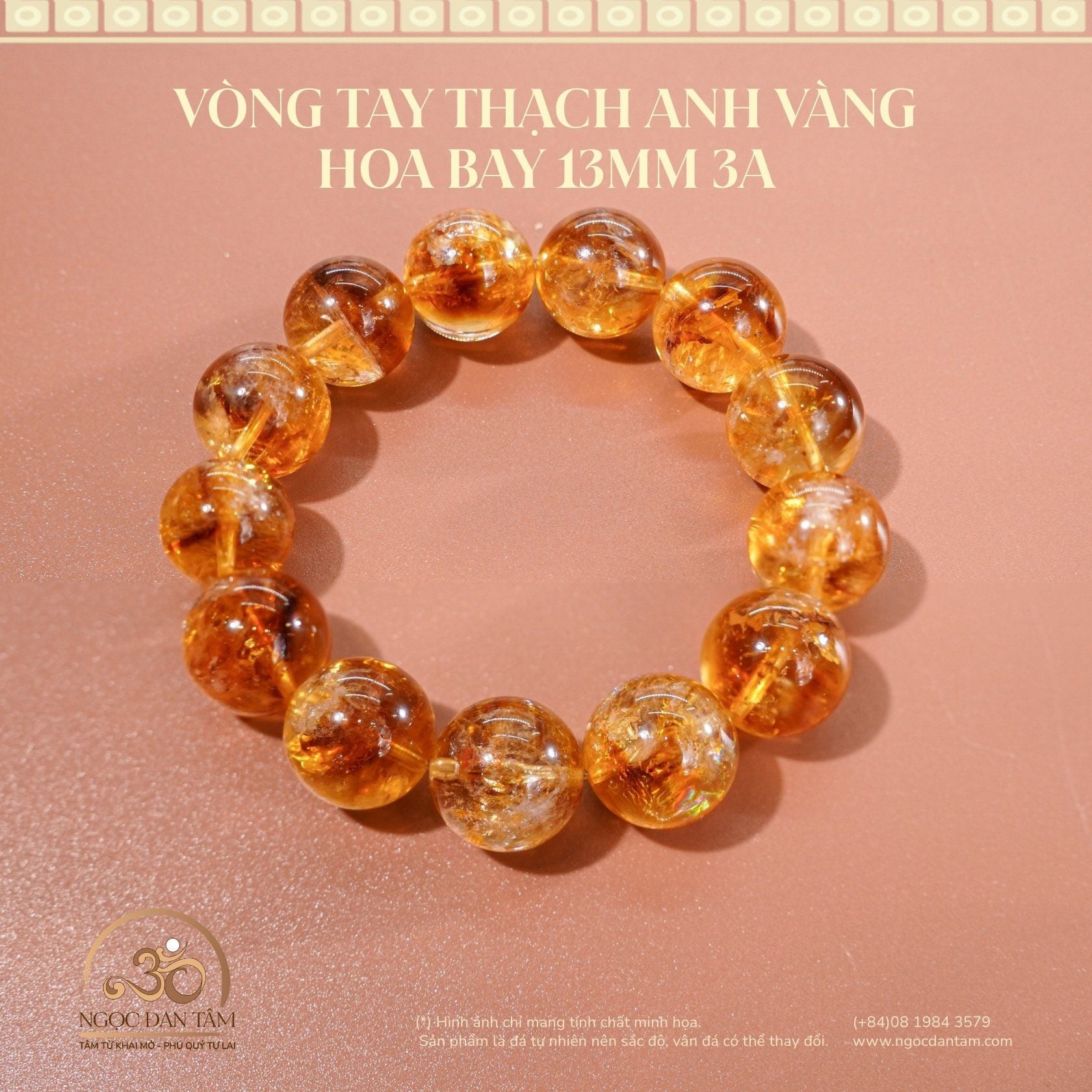  Vòng Tay Thạch Anh Vàng Hoa Bay 13mm 3A 