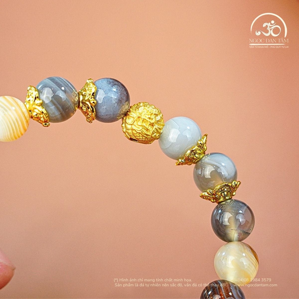  Vòng Tay Mã Não Botswana 2A - 8mm Phối Charm Mặt Sư Tử 