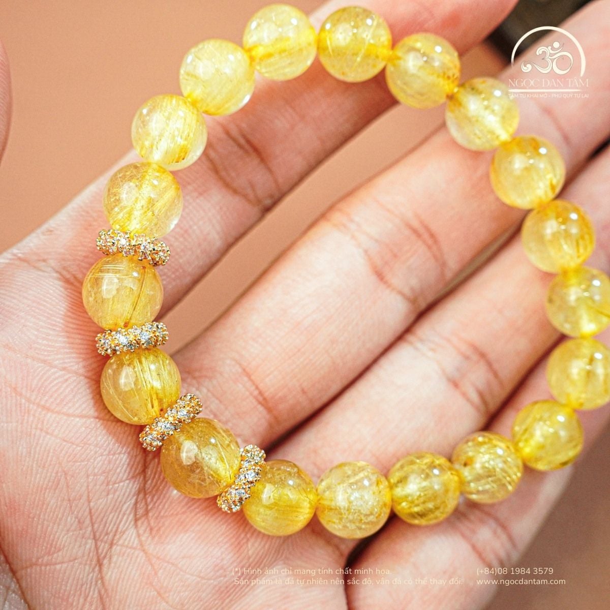  Vòng Tay Thạch Anh Tóc Vàng 9mm 7A Phối Charm Mạ Vàng 