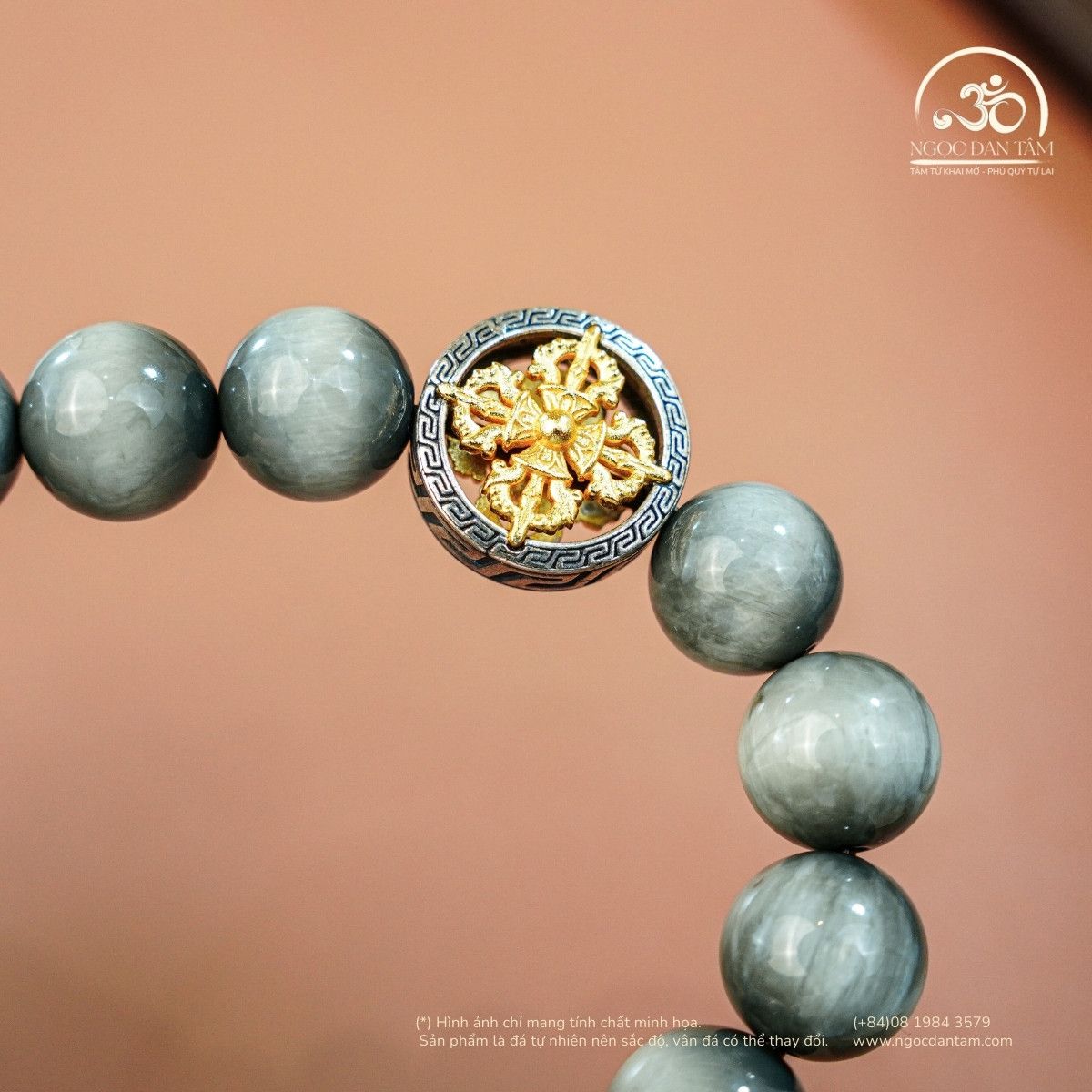  Vòng Tay Mắt Chim Ưng Xám 6A - 10mm Phối Charm Bánh Xe Pháp Luân 