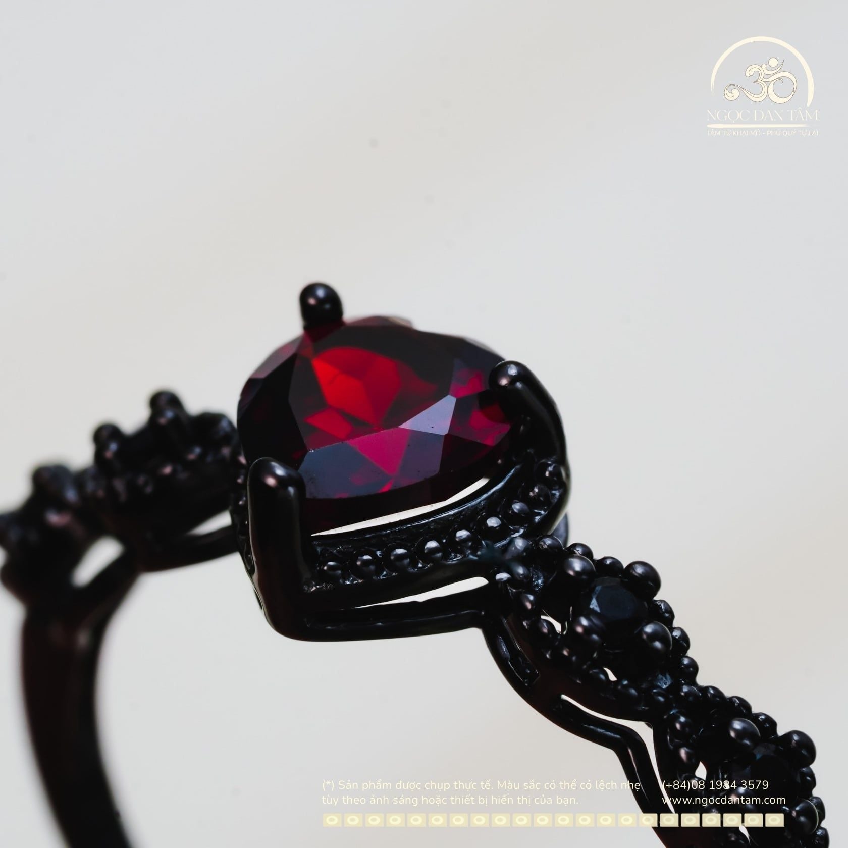  Nhẫn Bạc Đen 925 Đính Đá Garnet 6mm 