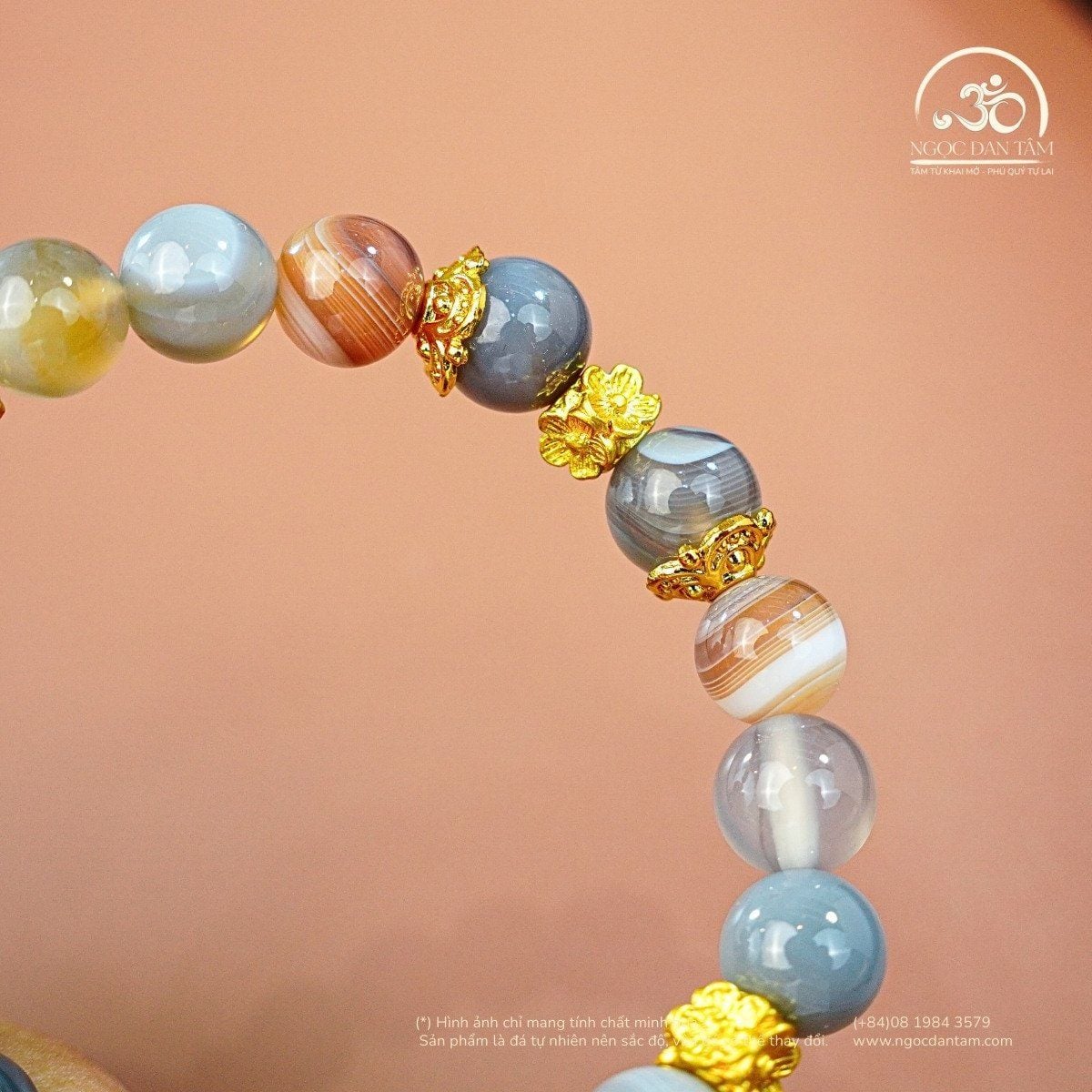  Vòng Tay Mã Não Botswana 2A - 8mm Phối Charm Hoa Vuông 