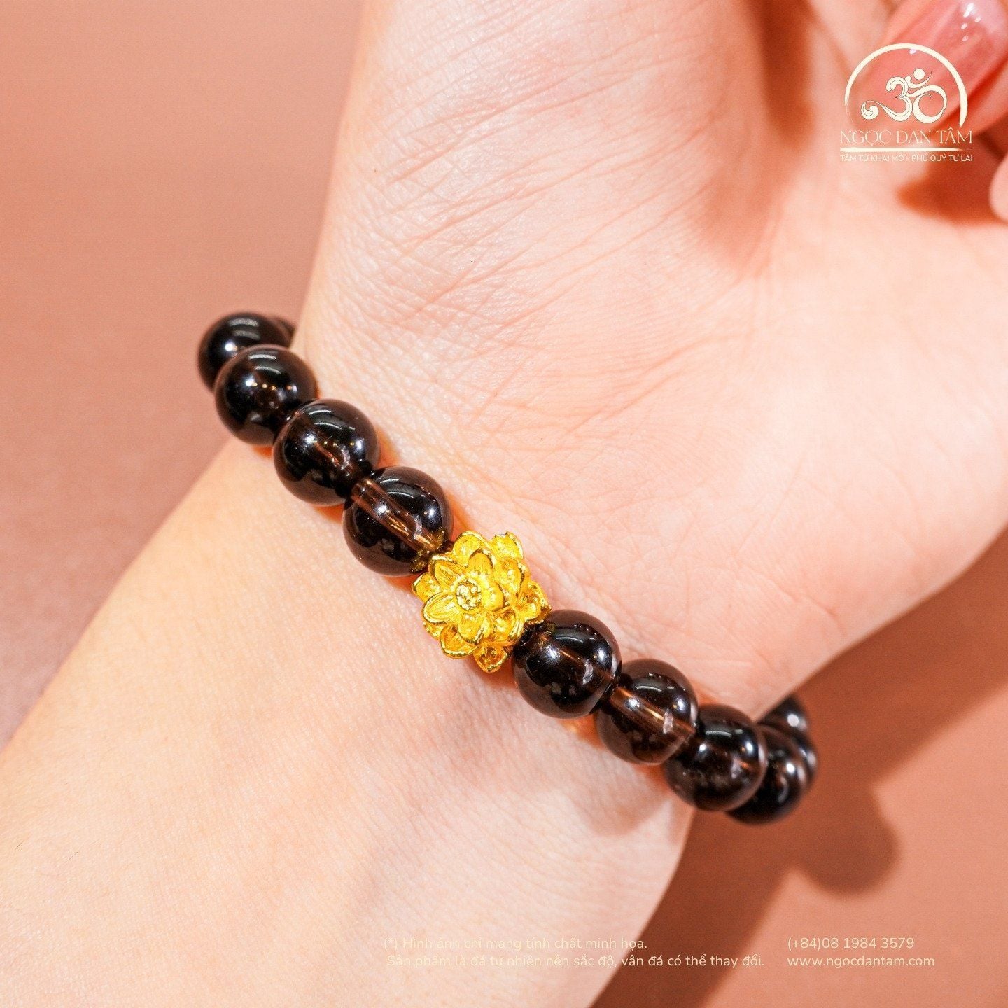  Vòng Tay Thạch Anh Khói 8mm 2A Phối Charm Hoa Sen 