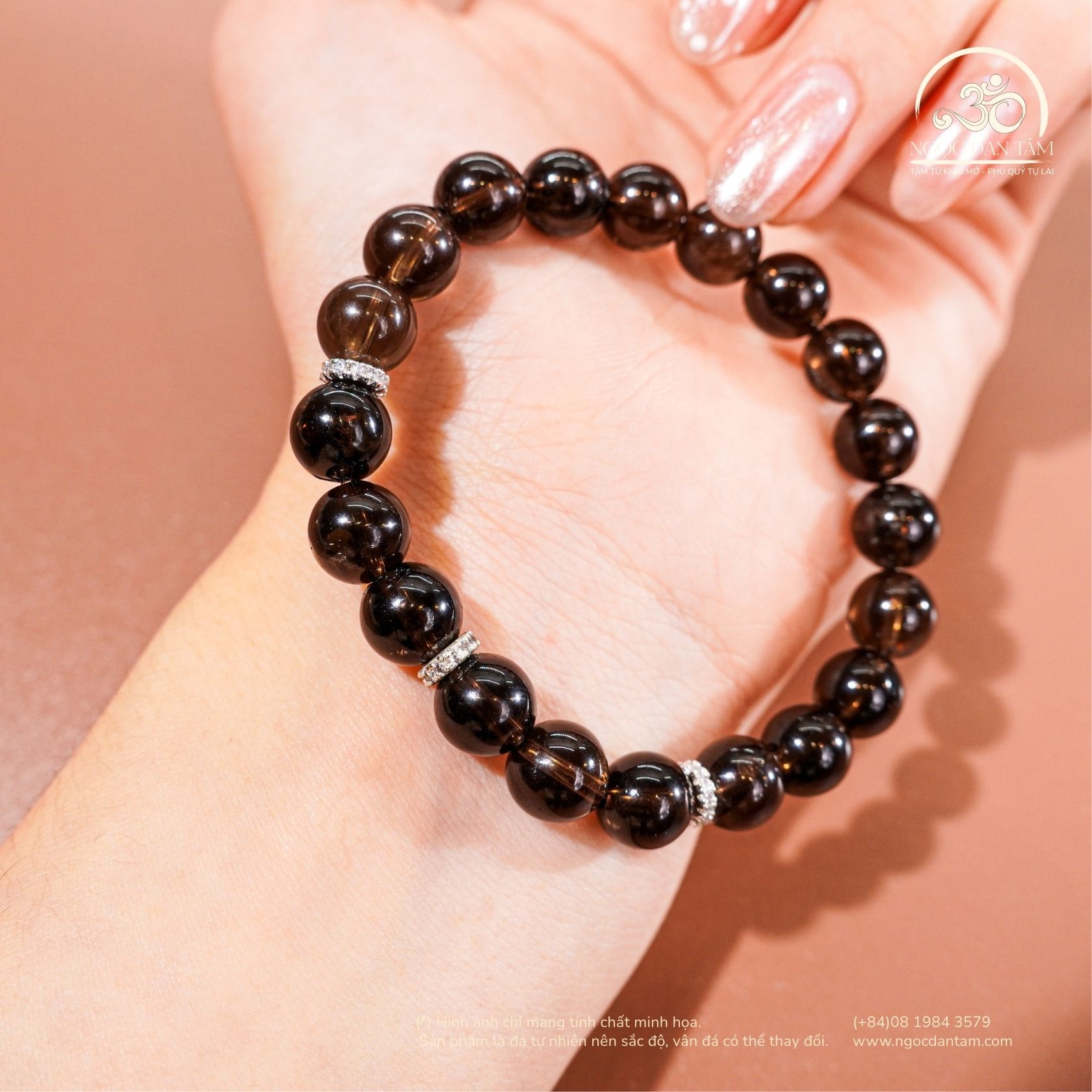  Vòng Tay Thạch Anh Khói 8mm 2A Phối Charm Mạ Bạc 