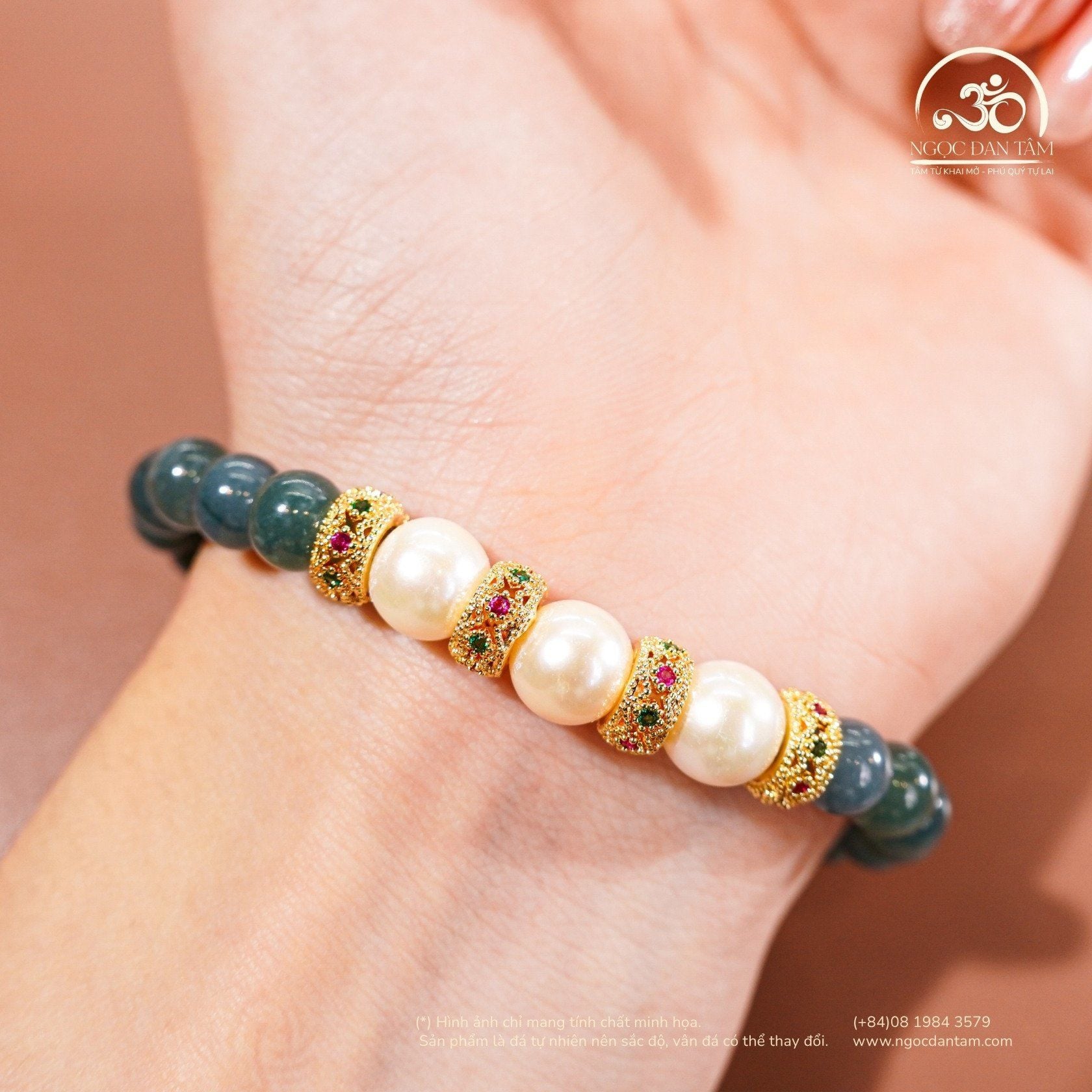 Vòng Tay Ngọc Hòa Điền Phối 7mm 2A Ngọc Trai Trắng 8mm 