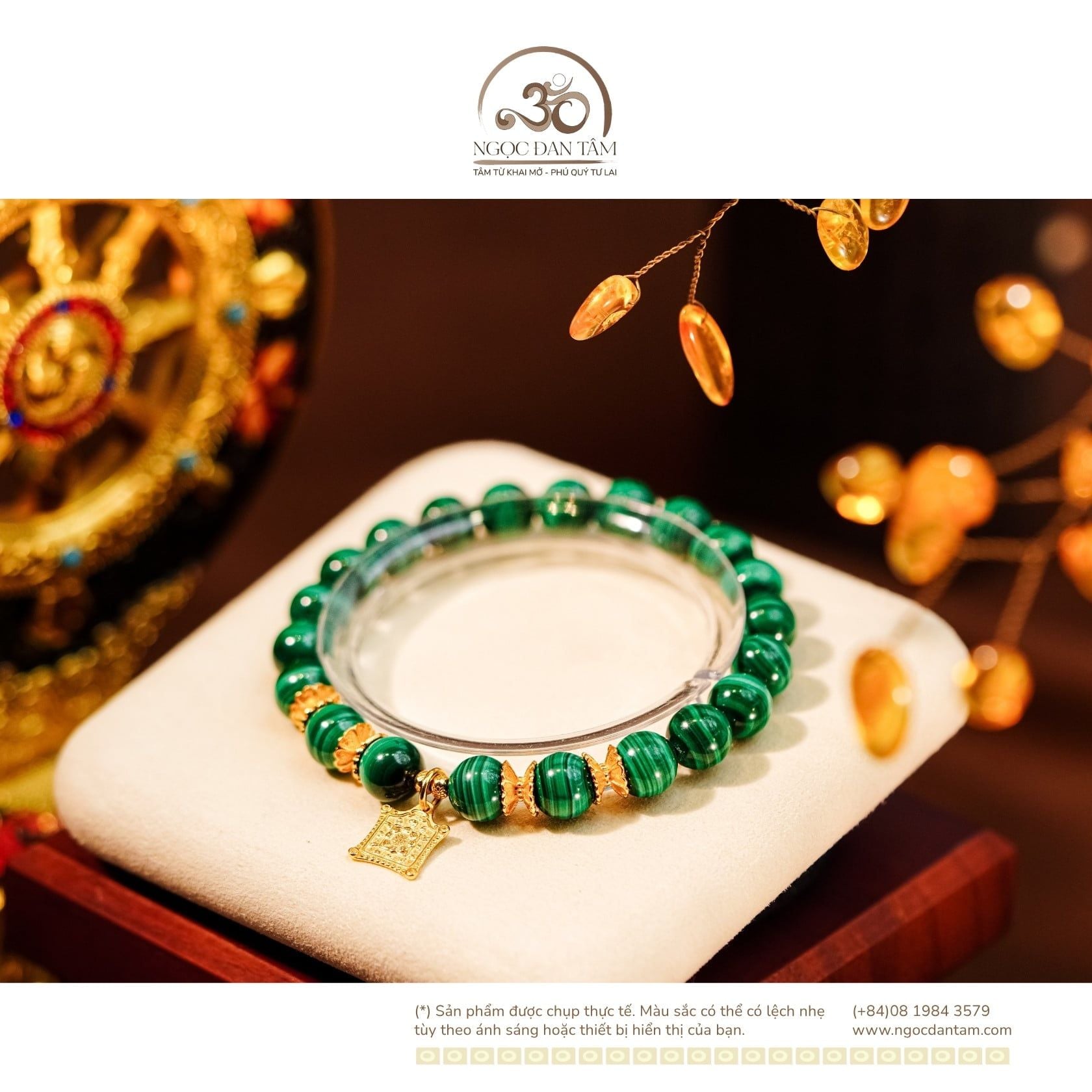  Vòng Tay Khổng Tước 8mm 3A Phối Charm Bánh Xe Pháp Luân 