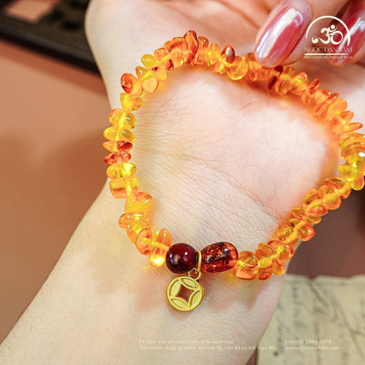  Vòng Tay Hổ Phách Phối Charm Đồng Tiền (50 Hạt -  5gram) 