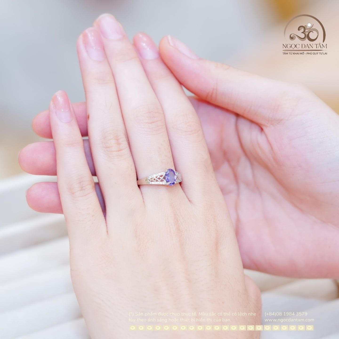  Nhẫn Bạc 925 Đính Đá Thạch Anh Tím 5x7mm 