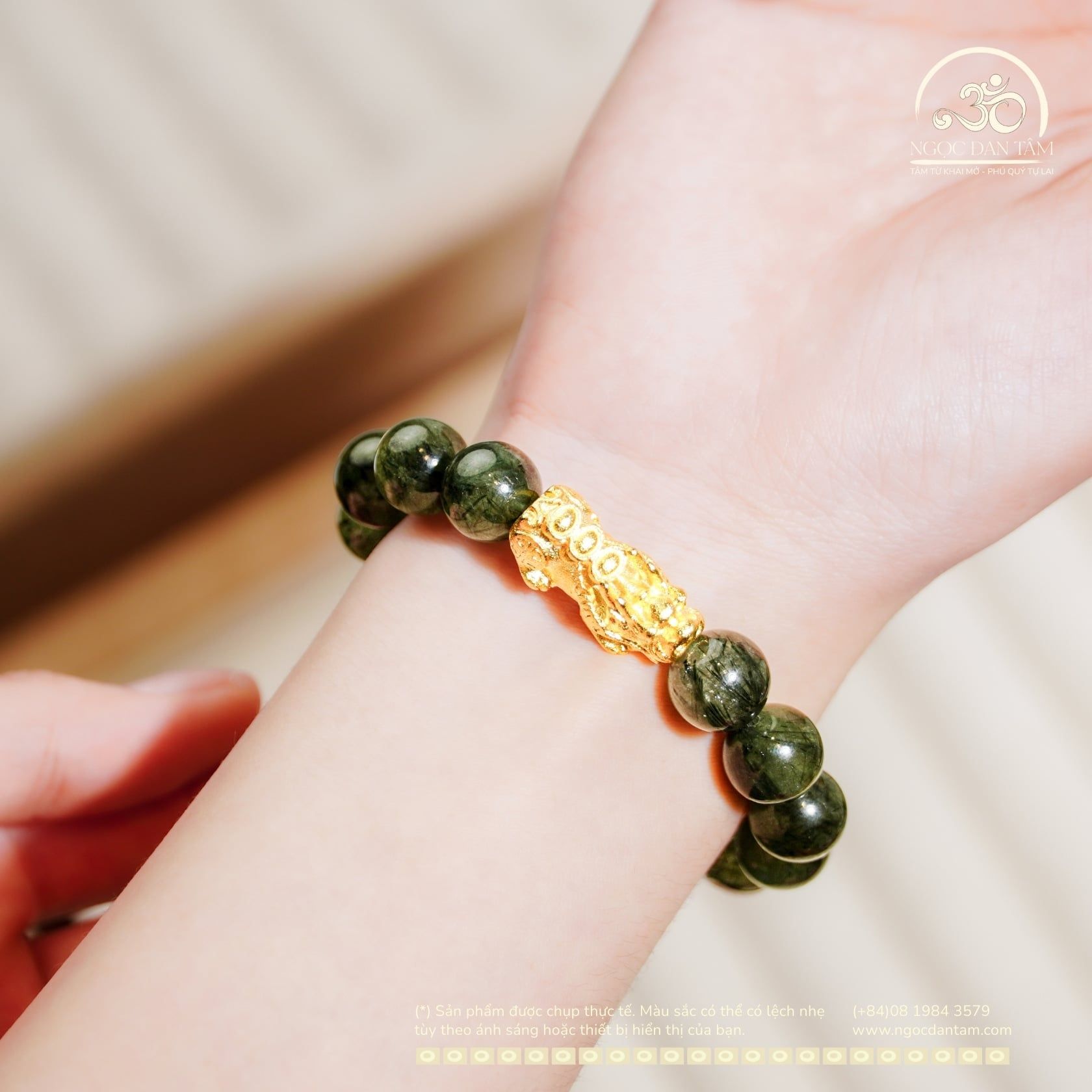  Vòng Tay Thạch Anh Tóc Xanh 12mm 4A Phối Charm Tỳ Hưu 