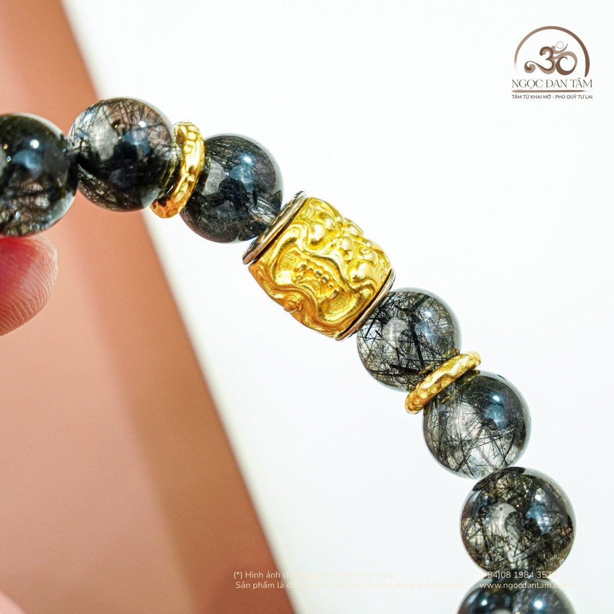  Vòng Tay Thạch Anh Tóc Đen 10mm 8A Phối Charm Lu Thống Tỳ Hưu 