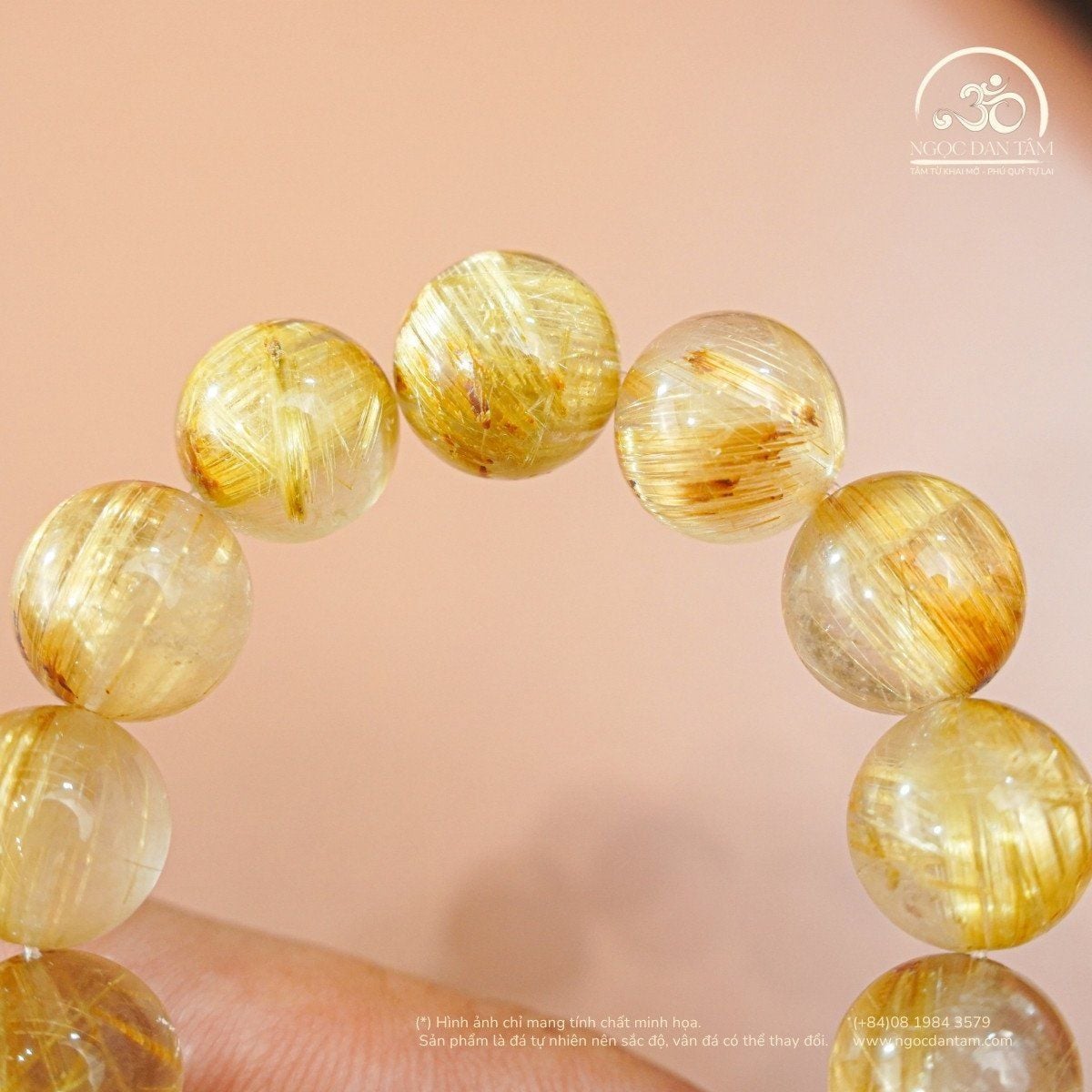  Vòng Tay Thạch Anh Tóc Vàng 11mm 7A Phối Charm Long Quy 