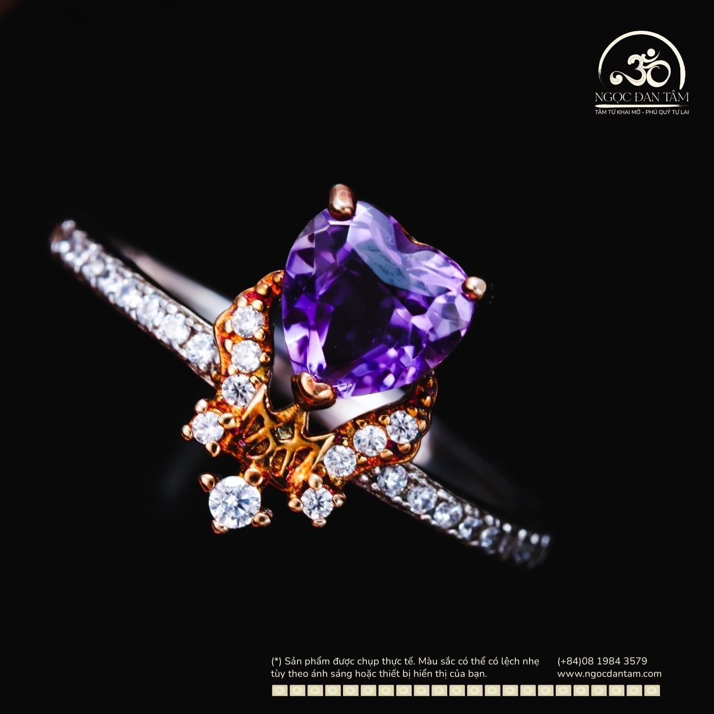  Nhẫn Bạc 925 Đính Đá Thạch Anh Tím Vuông Miện Tím 6mm 