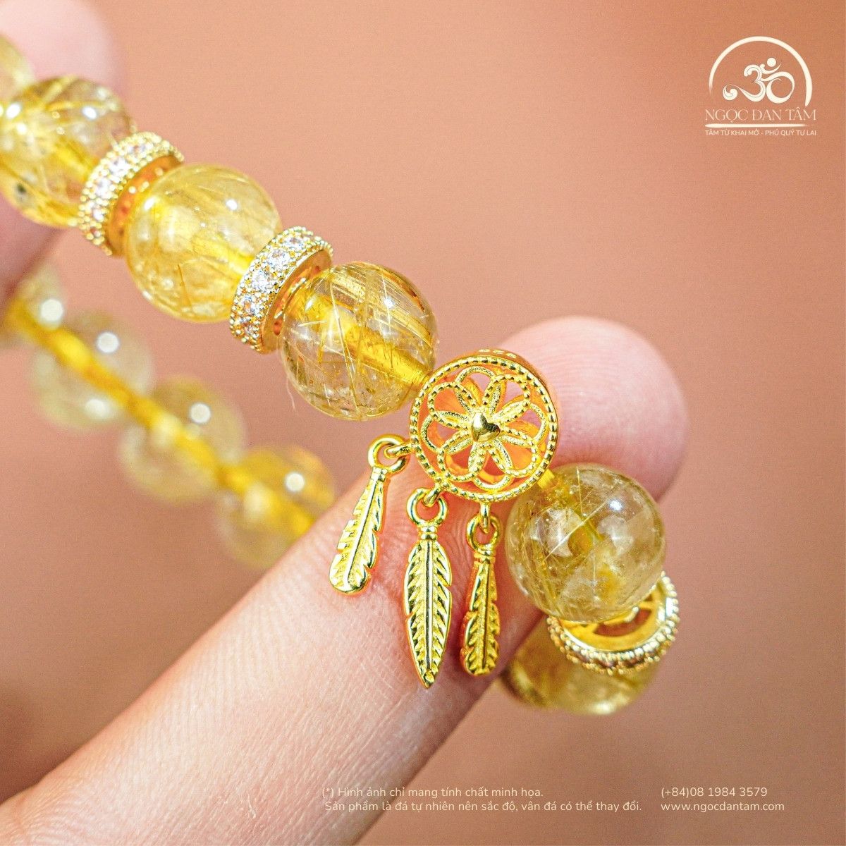  Vòng Tay Thạch Anh Tóc Vàng 10mm 5A Phối Charm Dream Catcher 