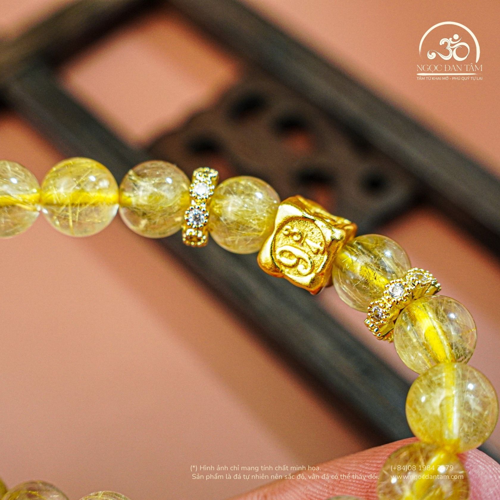  Thạch Anh Tóc Vàng 8mm 7A Phối Charm Bạc Mạ Vàng 