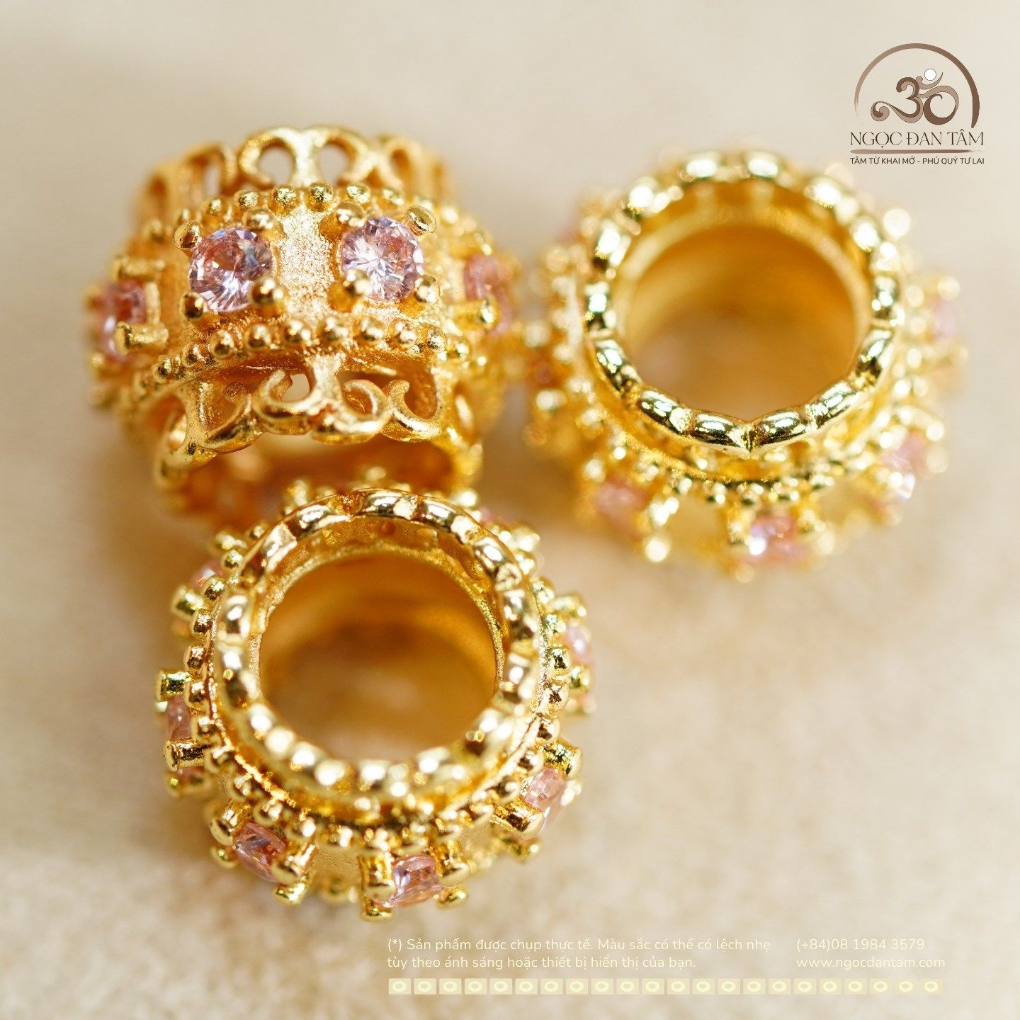  Charm Trụ Tròn Đính Hạt Hồng 9.21mm - Kim Loại Mạ Vàng Cao Cấp 