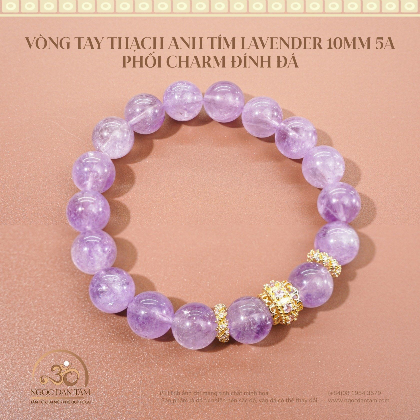  Vòng Tay Đá Thạch Anh Tím Lavender 10mm 5A Phối Charm Đính Đá 