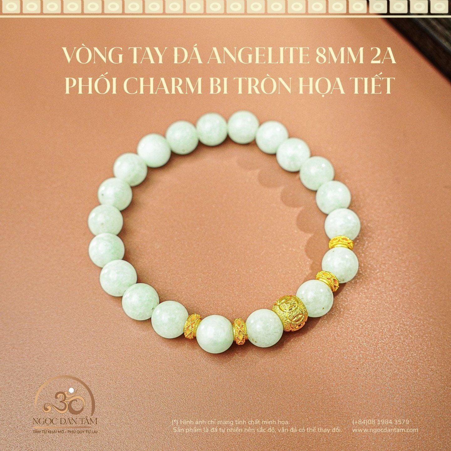  Vòng Tay Đá Angelite 8mm 2A Phối Charm Bi Tròn Họa Tiết 